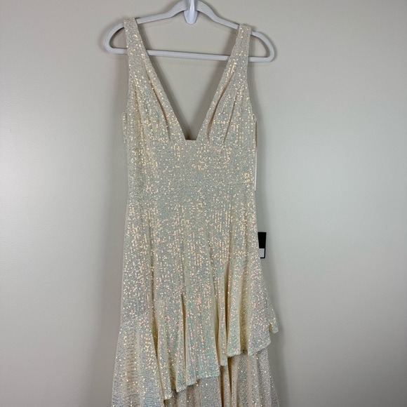 Mac Duggal‎ 27046 Sequin Asymmetrical Ruffle Tiered Gown Beige 8 Maxi Dress - Picture 4 of 9